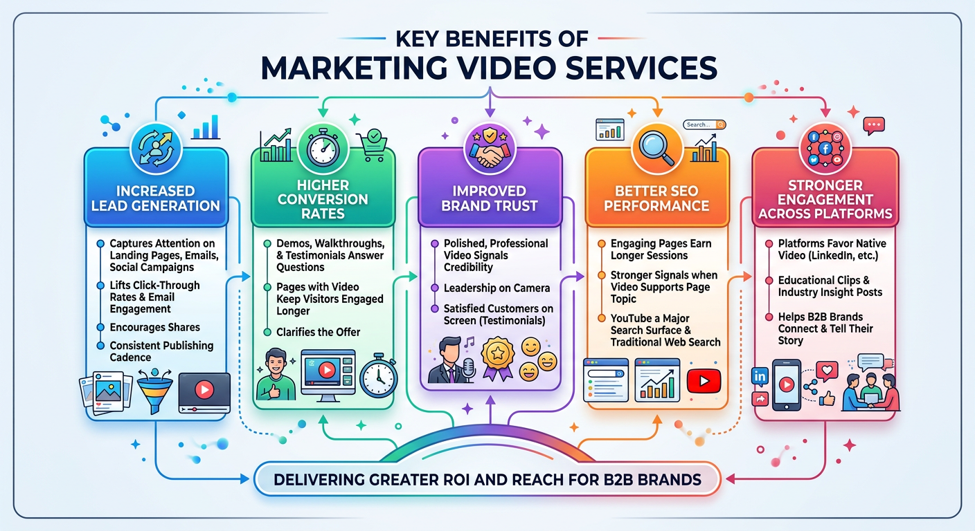 Key benefits of marketing video services for B2B: increased lead generation on landing pages, email, and social; higher conversion rates from demos and testimonials; improved brand trust through professional production; better SEO from longer sessions and YouTube visibility; stronger engagement on LinkedIn and other platforms—delivering greater ROI and reach.